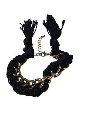 Streetwear Bracelet Black Braided Rope Gold Tone Chain Tassel Ends Boho Jewelry